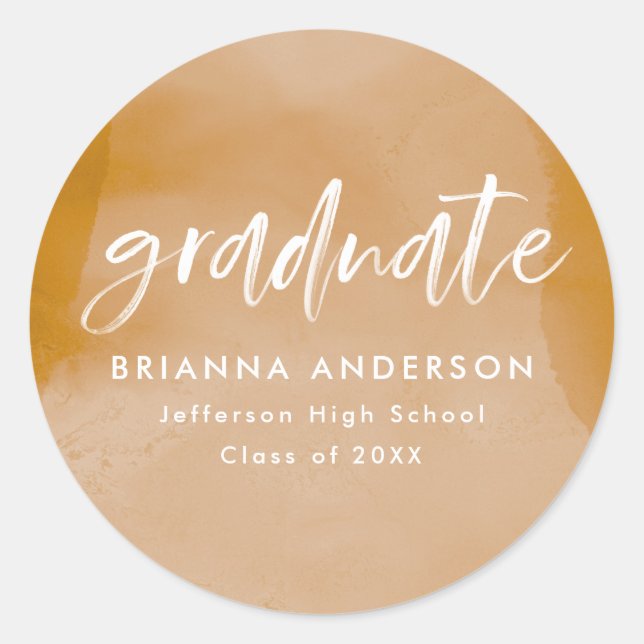 Modern Ochre Watercolor Wash Graduation Classic Round Sticker (Front)