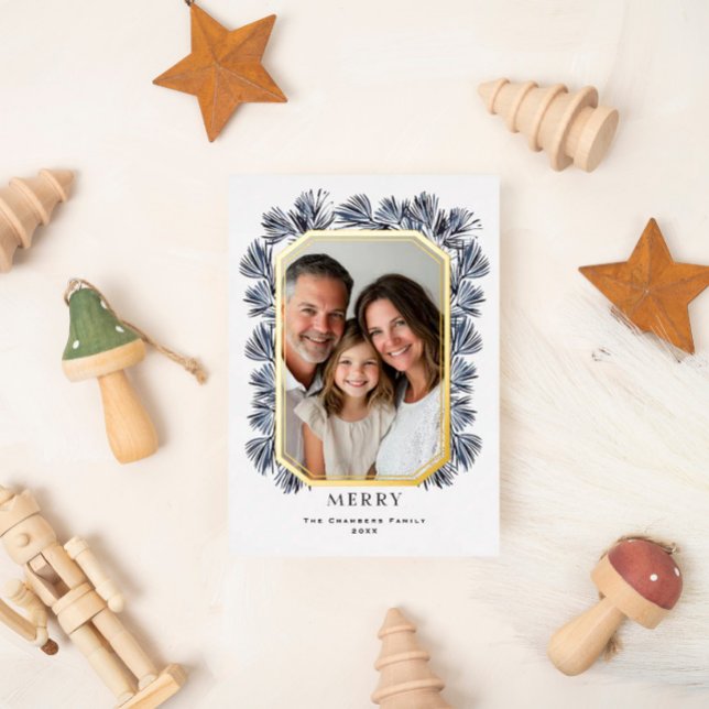 Modern Octagon Frame and Sprigs Foil Holiday Card (Creator Uploaded)
