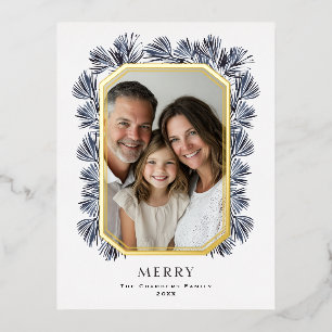 Modern Octagon Frame and Sprigs Foil Holiday Postcard