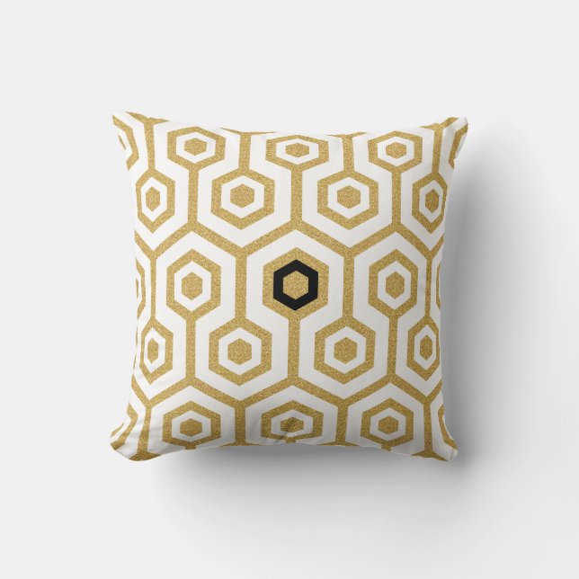 Modern Octagon Pattern White & Gold Glitter Cushion (Front)
