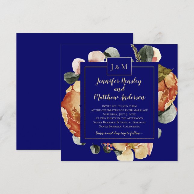 Modern October Blooms Navy Blue Monogram Wedding Invitation (Front/Back)