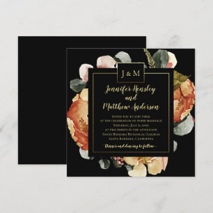 Modern October Blooms on Black Monogram Wedding Invitation