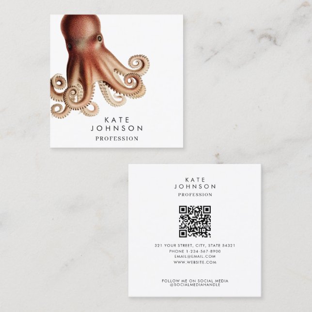 Modern Octopus Coastal QR Code Social Media Square Business Card (Front/Back)