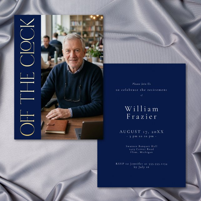Modern Off Clock Blue Retirement Photo Party (Modern Off Clock Blue Retirement Photo Party Foil Invitation)