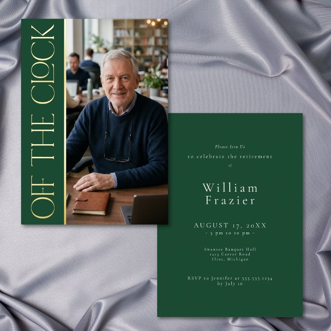 Modern Off Clock Green Retirement Photo Party (Modern Off Clock Green Retirement Photo Party Foil Invitation)