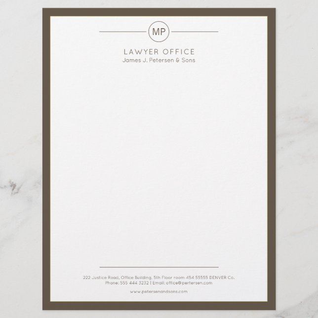 Modern office dark brown white monogram lawyer custom letterhead (Front)