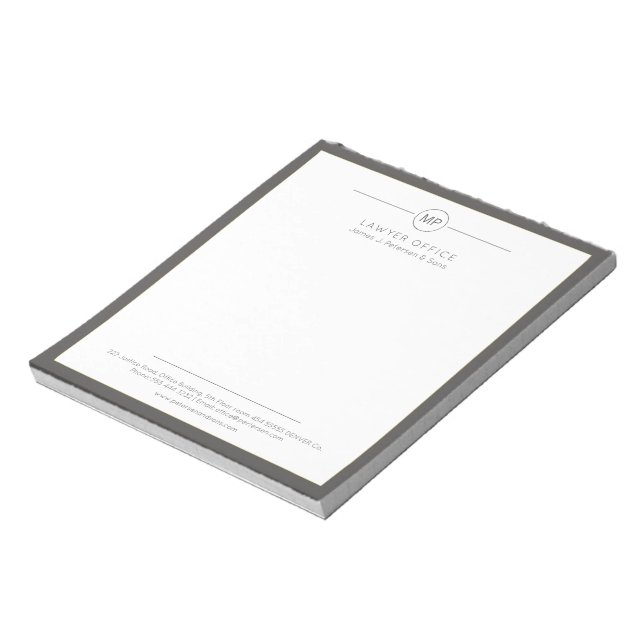 Modern office dark grey white monogram lawyer notepad (Rotated)