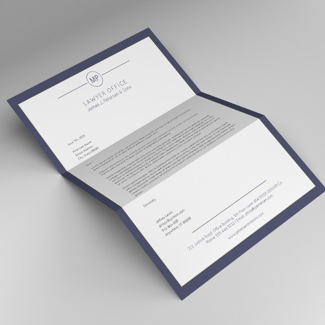 Modern office dark navy and white monogram lawyer custom letterhead (Creator Uploaded)