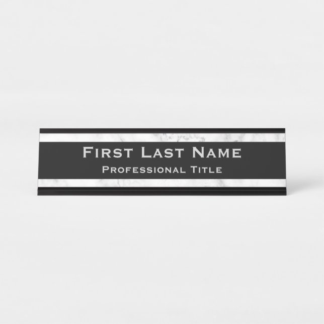 Modern Office Desk Name Plate Marble Grey & White (Front)