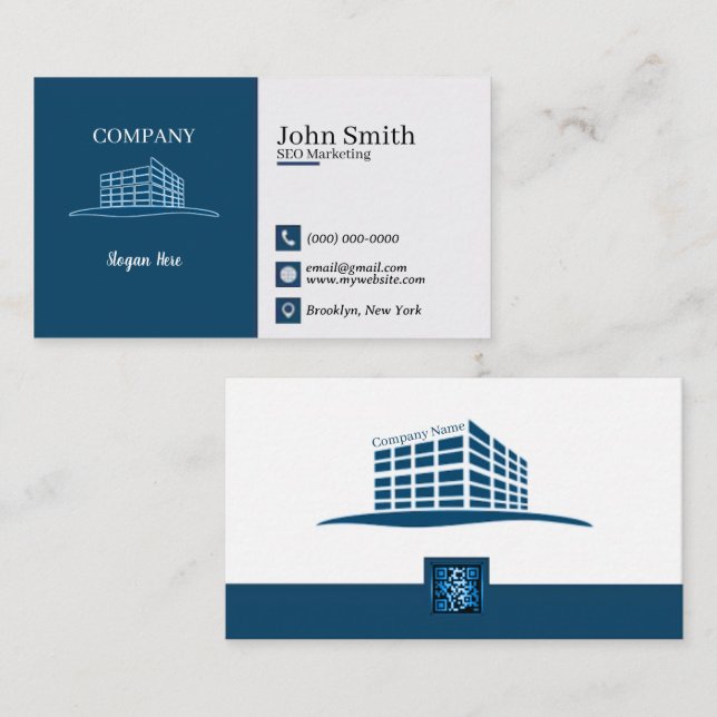 Modern Office Logo Navy SEO Marketing QR Code Business Card (Front/Back)