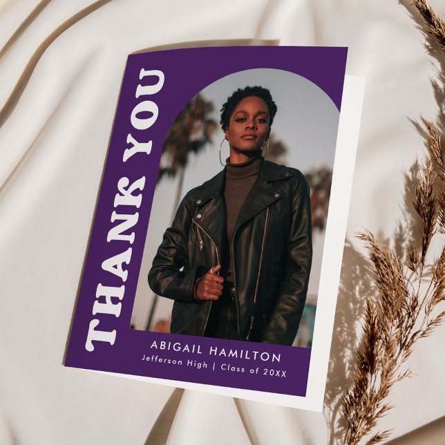 Modern Offset Purple Arch 4 Photo Graduation Thank You Card (Creator Uploaded)