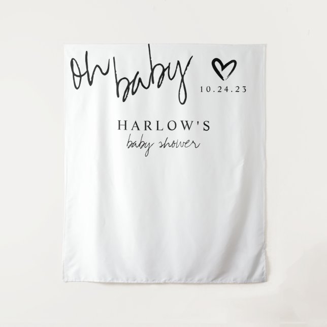 Modern Oh Baby Black and White Baby Shower Banner Tapestry (Front)