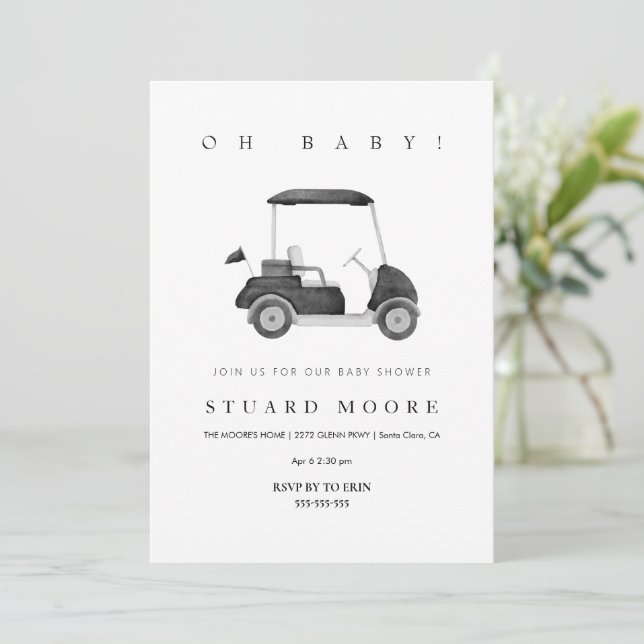 Modern Oh baby Black minimal golf baby shower Invitation (Standing Front)