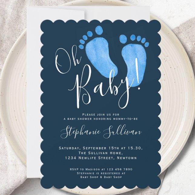 Modern Oh Baby Boy Navy Blue Baby Shower  Invitation (Creator Uploaded)