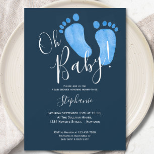 Modern Oh Baby Boy Navy Blue Baby Shower Invitation