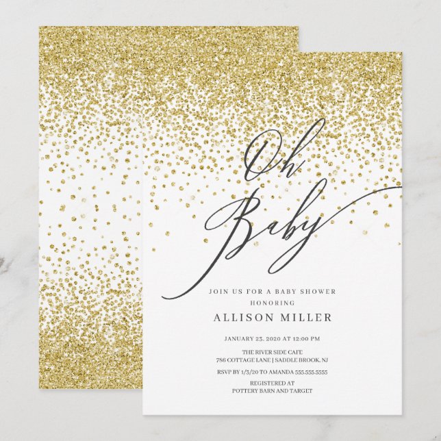 Modern Oh Baby Gold Glitter Baby Shower Invitation (Front/Back)