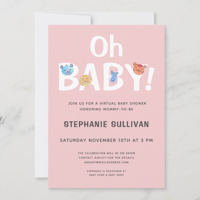Modern Oh Baby Pink Girl Virtual Baby Shower Invitation (Front)