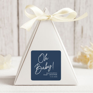 Modern Oh Baby Script Navy Baby Shower Square Sticker