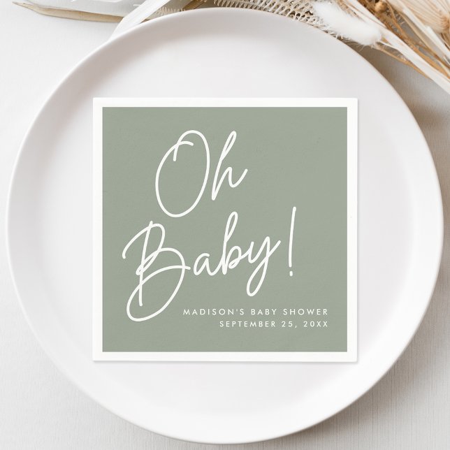 Modern Oh Baby Script Sage Green Baby Shower Napkin (Creator Uploaded)
