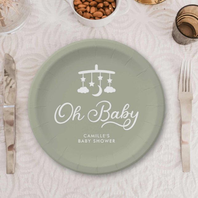 Modern Oh Baby Shower Personalised Paper Plate (Sage Green Oh baby shower paper plates)