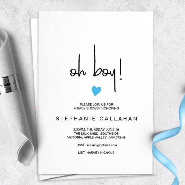 Modern Oh Boy Blue Heart Baby Shower Invitation (Creator Uploaded)