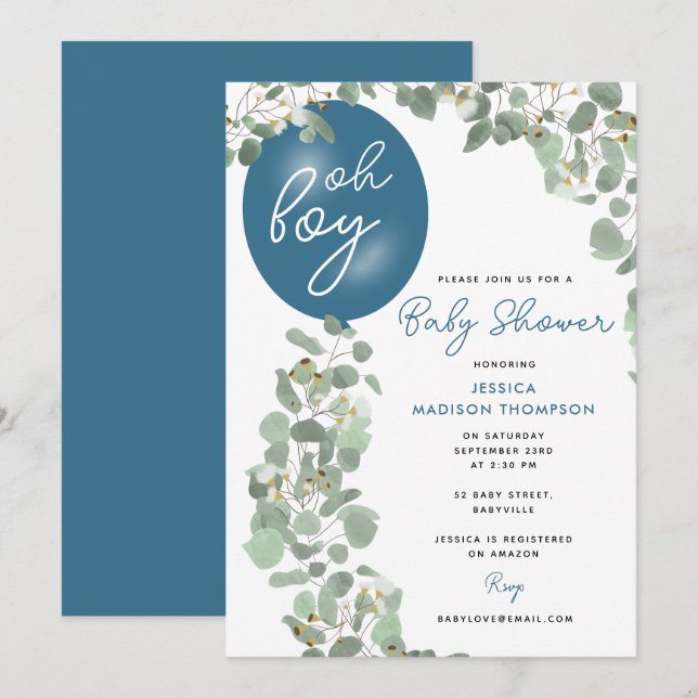 Modern Oh Boy Eucalyptus Blue Balloon Baby Shower Invitation (Front/Back)