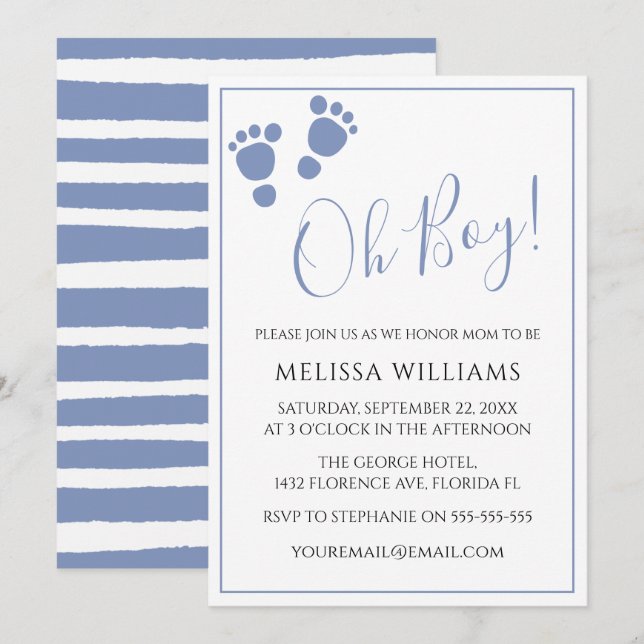 Modern Oh Boy! Footprint baby shower In Invitation (Front/Back)