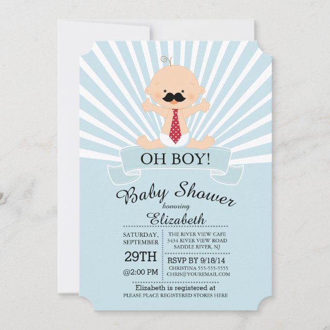 Modern Oh Boy Moustache Boys Baby Shower Invitation (Front)