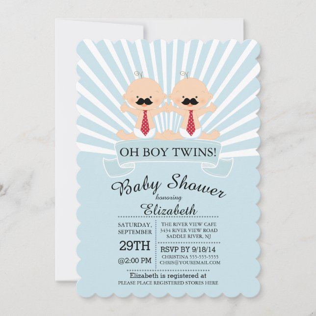 Modern Oh Boy Moustache Twin Boys Baby Shower Invitation (Front)