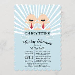 Modern Oh Boy Moustache Twin Boys Baby Shower Invitation