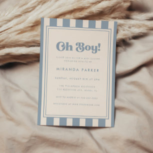 Modern "Oh Boy!" Striped Blue Beige Baby Shower Invitation