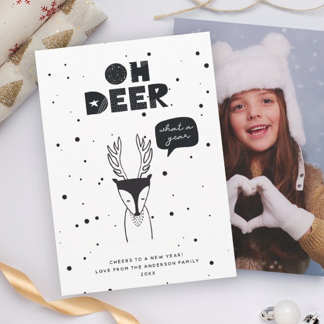 Modern Oh Deer Fun Pun Trendy Scandinavian Photo Holiday Card (Creator Uploaded)