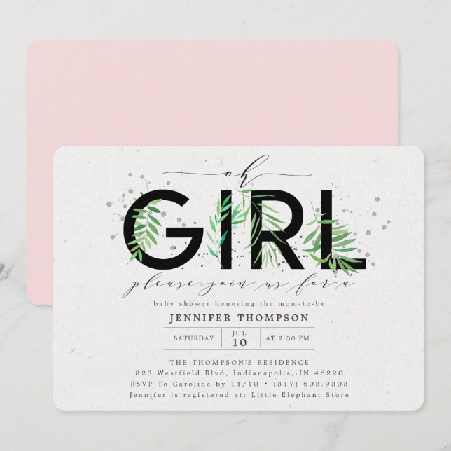 Modern Oh Girl Blush Tropical Greenery Baby Shower Invitation (Front/Back)