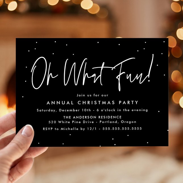 Modern Oh What Fun Script Black Holiday Party Invitation (Creator Uploaded)