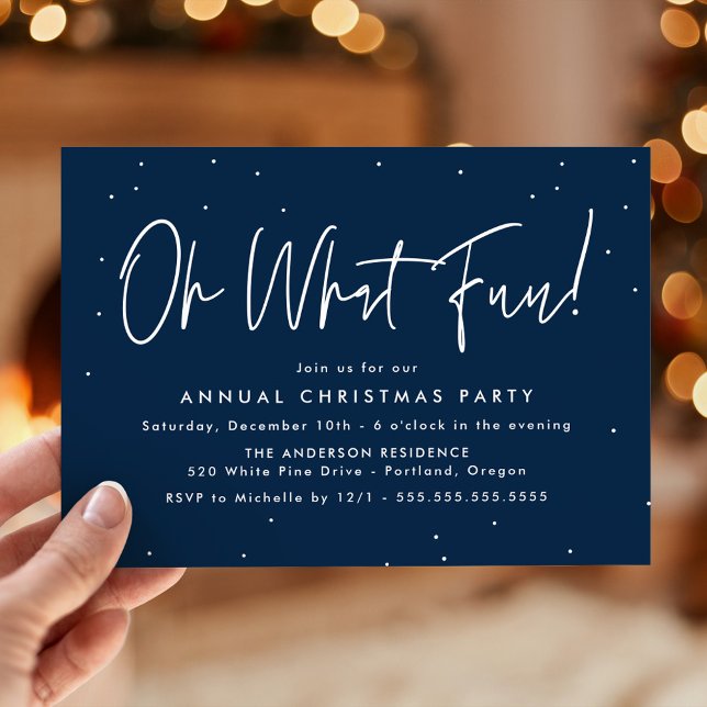 Modern Oh What Fun Script Navy Holiday Party Invitation (Creator Uploaded)