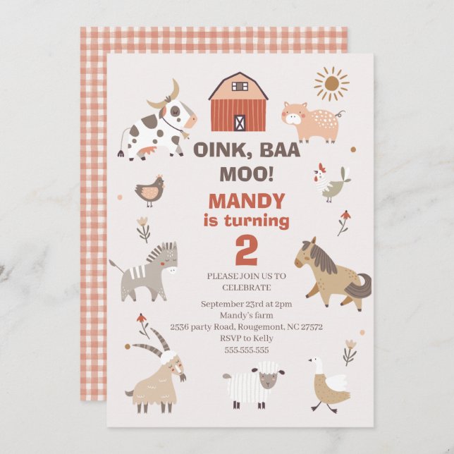 Modern Oink Baa Moo Farm Birthday Invitation (Front/Back)