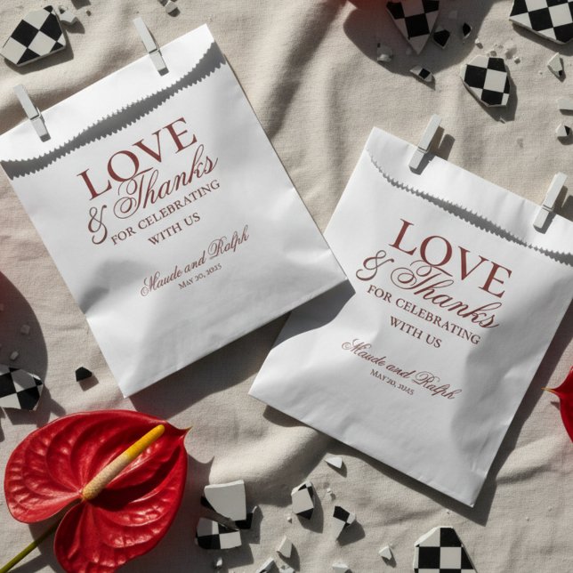Modern Old Money Bold Red Love and Thanks Wedding  Favour Bags (Send guests home with gratitude and style using this Old Money Bold Red Wedding Favor Bag!)