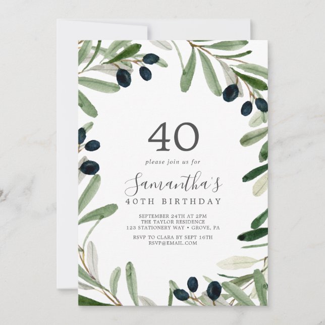 Modern Olive Branch 40th Birthday Invitation (Front)