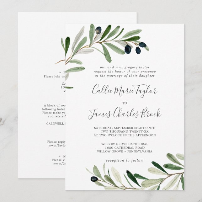 Modern Olive Branch All In One Wedding Invitation (Front/Back)