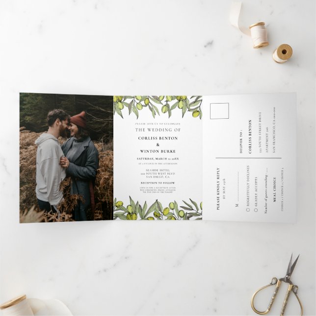Modern Olive branch All in one wedding Tri-Fold Invitation (Inside)