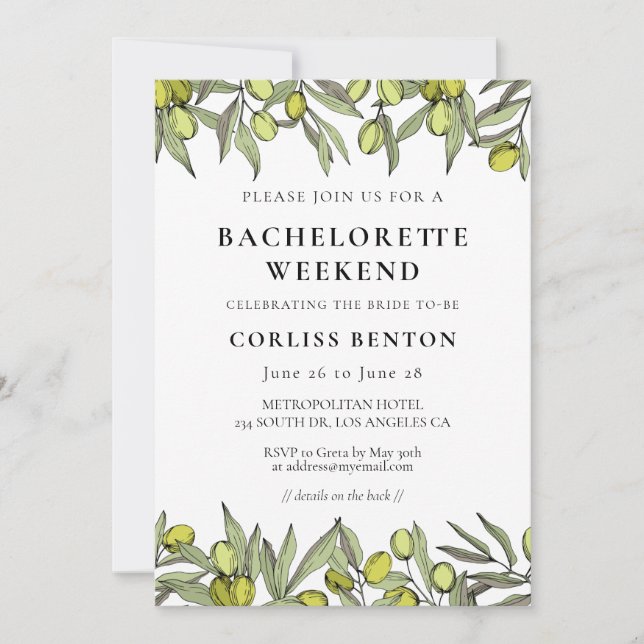 Modern Olive branch Bachelorette Weekend Invitation (Front)