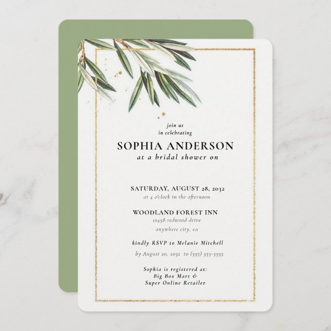 Modern Olive Branch Bridal Shower Invitation (Front/Back)