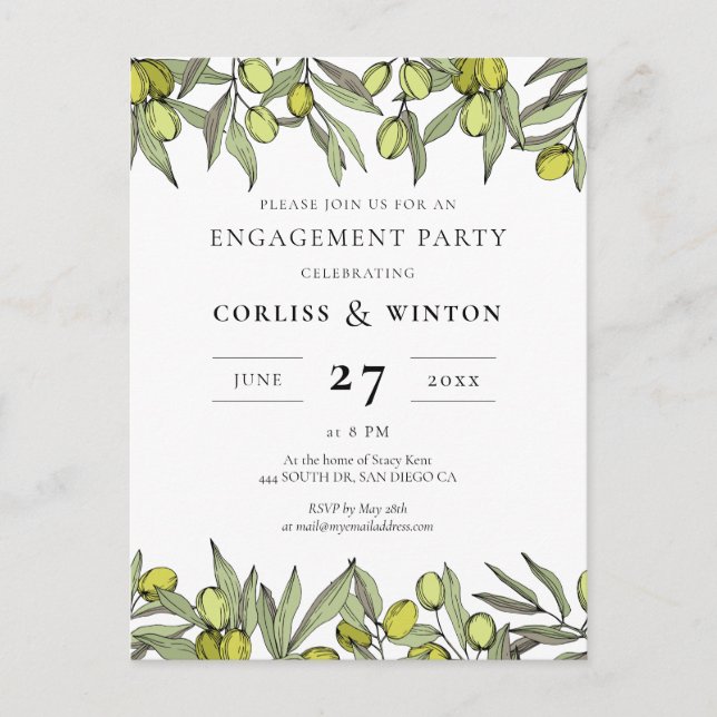 Modern Olive branch engagement party invitation Postcard (Front)