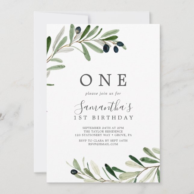 Modern Olive Branch First Birthday Party Invitation (Front)