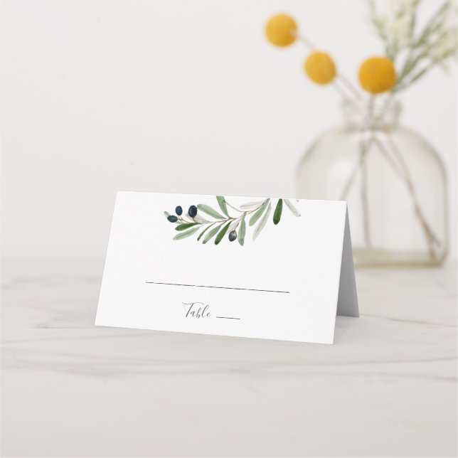 Modern Olive Branch Folded Wedding Place Card (Front)