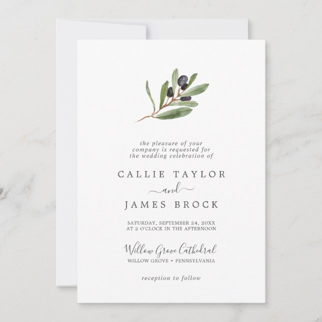 Modern Olive Branch Formal Wedding Invitation (Front)