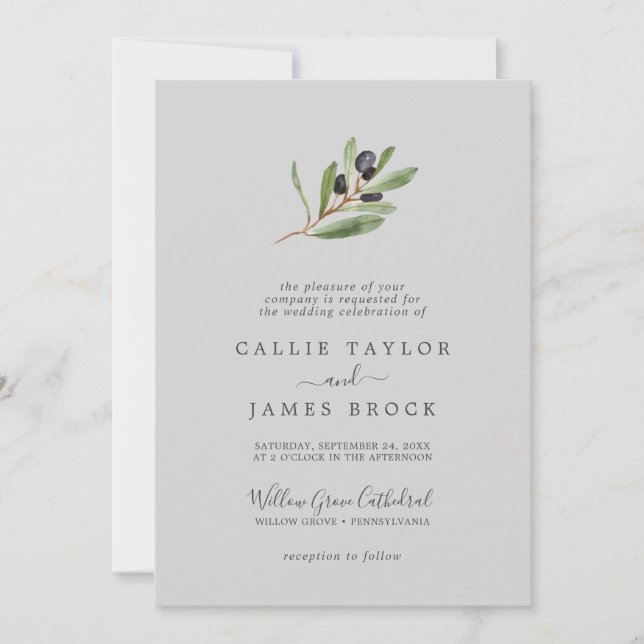 Modern Olive Branch | Grey Formal Wedding Invitation (Front)