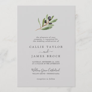 Modern Olive Branch Grey Formal Wedding Invitation