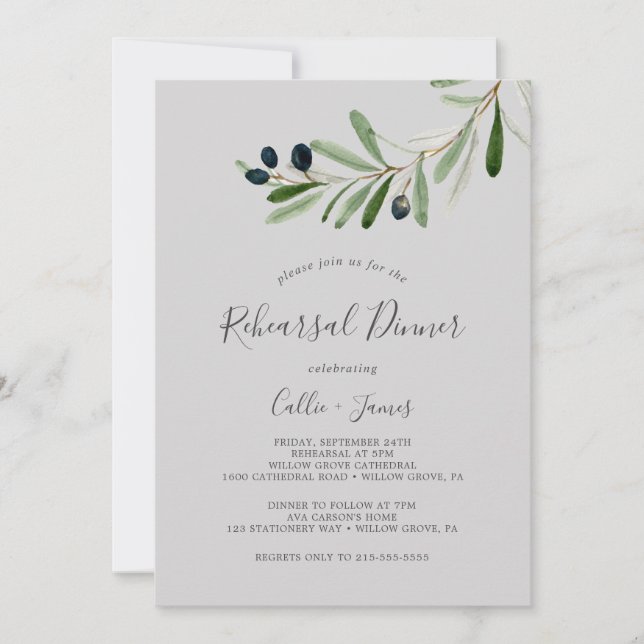 Modern Olive Branch | Grey Rehearsal Dinner Invitation (Front)
