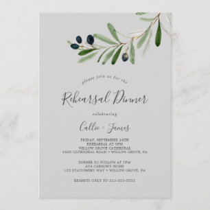 Modern Olive Branch Grey Rehearsal Dinner Invitation